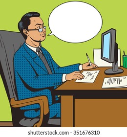 Businessman in office pop art retro style vector illustration. Comic book style imitation. Boss at the table