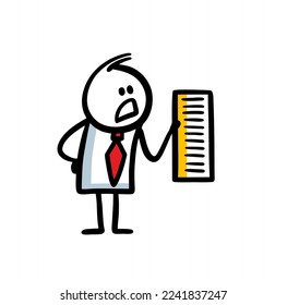 Businessman in office suit ant red tie with dissatisfied face holds a sheet of paper document with list to do.  Vector illustration of strict stickman teacher.