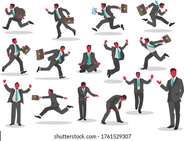 Businessman in office suit and briefcase in various actions like running, nervous, euphoric, tired, jumping, exhausted, nervous, friendly, desperate, winning, calm and helpful.
