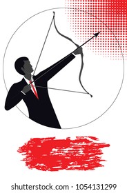 Businessman in an office suit directs an arrow from a bow in the target - grunge smear of a red brush - isolated on white background - art vector