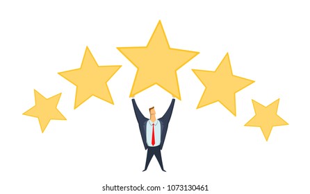 Businessman in office suit holding big star above his head. Achieving goals. Rating. Benchmarking. Race for success. Concept flat vector illustration, isolated on white background.