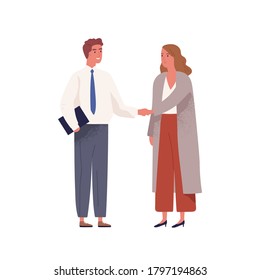 Businessman In Office Suit Meeting Businesswoman And Shake Hands. Scene Of Hiring For Job, Making Agreement Or Successful Partnership. Flat Vector Cartoon Illustration Isolated On White Background