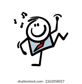 Businessman in office suit and red tie dancing after work on a party. Vector illustration of cute hand drawn happy  character.