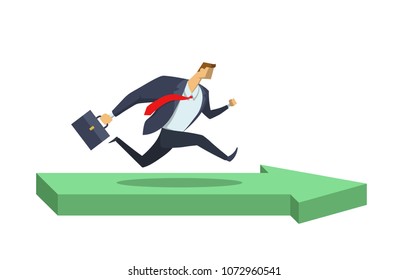 Businessman in office suit running in direction pointed with green arrow. Goals and achievements. Race for success. Hurry up. Concept flat vector illustration, isolated on white background.