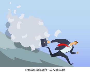 Businessman in office suit running fast down the hill. Anticrisis management. Urgent measures. Clerical avalanche. Race for success. Hurry up. Concept flat vector illustration. Horizontal.