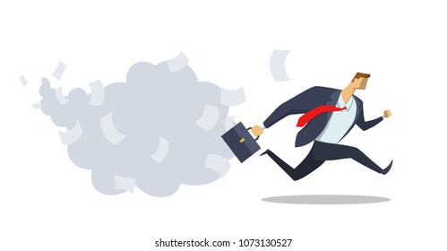 Businessman in office suit running fast towards his goal. Race for success. Office work. Deadline. Hurry up. Concept flat vector illustration, isolated on white background.