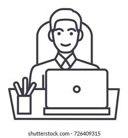 Businessman In Office At Table With Laptop, Front View Vector Line Icon, Sign, Illustration On Background, Editable Strokes