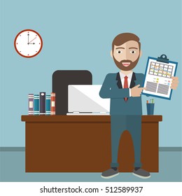 Businessman at the office with a task, showing task and analytic flat modern design