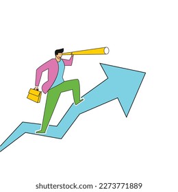 Businessman in office uniform holding Spyglass standing on blue arrow growing up. Main object without background. Vector color image drawing cartoon style.