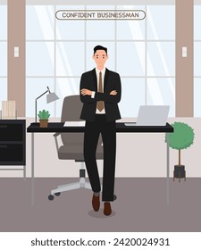 Businessman in the office. Vector illustration in flat style. Businessman in the office.