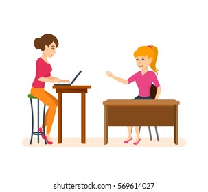 Businessman in office work situations concept. Colleagues discuss workflow on the computer, sharing information while sitting at the table. Cartoon vector illustration isolated on white background.