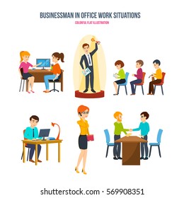 Businessman in office work situations concept. Discussion of projects, business conference, communication with customers, business meetings and partnerships. Colorful flat illustration.