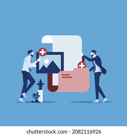businessman office worker adds file to big folder, Database, searching info, storage and indexing of information concept