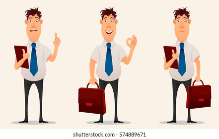 Businessman, office worker. Cartoon character. Set of three poses of creative young man. Cute design. Flat style. Vector illustration.