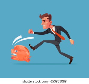 Businessman office worker character chase following running after piggy bank. Financial crisis. Vector flat cartoon illustration - Shutterstock ID 653933089
