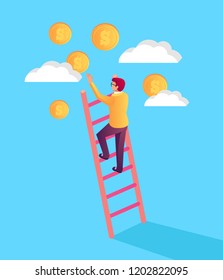 Businessman office worker character climbing up stairs and collect money golden coins. Success business concept. Vector flat cartoon graphic design illustration