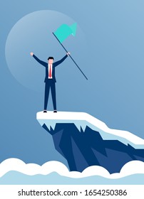 Businessman office worker character climbing on pick of mountain and hold flag. Business success vector illustration. Road to success, Concept of Goal, Mission, Vision, Success in Career path.
