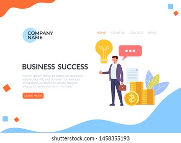 Businessman office worker character having good fresh idea and making money web banner loading page. Vector flat cartoon graphic design illustration