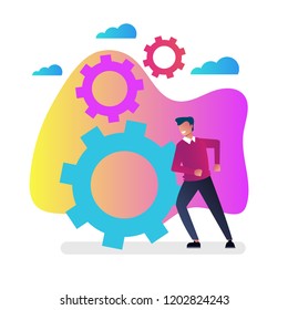 Businessman office worker character pushing gear wheels. New start up project progress hard working concept. Vector flat cartoon isolated graphic design illustration