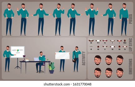 Businessman or office worker character Set. Collection of character body Poses, facial gestures, Business activities and Lip syncs poses. Ready-to-use and animate, character set. Vector illustration.