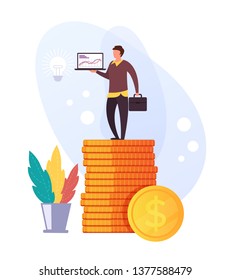 Businessman office worker character standing on gold coins pile. Business success concept. Vector flat graphic design illustration