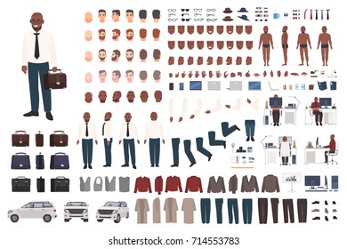 Businessman or office worker creation kit. Collection of flat male cartoon character body parts, facial gestures, smart clothing and accessories isolated on white background. Vector illustration.