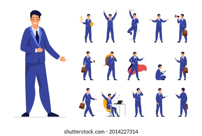 Businessman office worker design set. Flat vector illustration isolated on white background. Male cartoon character clerk or manager in business suit in different poses