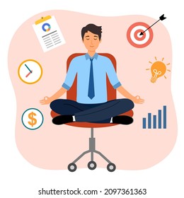 Businessman office worker doing yoga meditation in office. Work life balance. Work stress management concept.