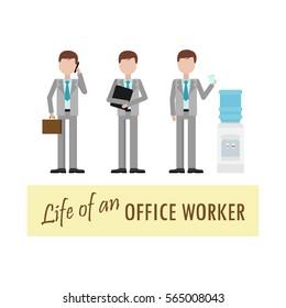 Businessman or office worker flat illustrations set, with suitcase talking with cellphone, holding file, using water dispenser at office