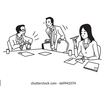 Businessman, office worker, has come meeting late as manager and coworker waiting. Business concept in being late habit in job. Outline hand draw sketch style, simple black and white design.