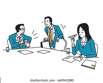 Businessman, office worker, has come meeting late as manager and coworker waiting. Business concept in being late habit in job. Outline hand draw sketch style, simple design.