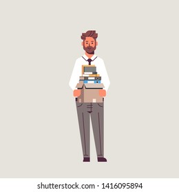 businessman office worker holding box with stuff things new job business concept flat full length