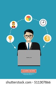 Businessman or office worker invents ideas,vector illustration