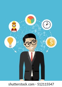 Businessman or office worker invents ideas,vector illustration