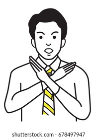 Businessman, office worker, making no hand sign or x symbol, crossing hands, expressing negative feeling, rejection, displeased. Outline hand draw sketching design, simple style.