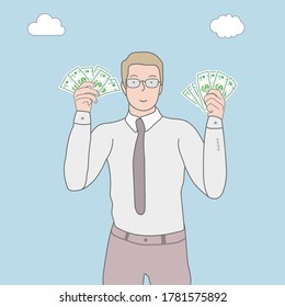 Businessman or office worker - a man in business clothes with a tie holds dollar bills with a pleased look. It symbolizes monetary success, profit, a completed transaction.