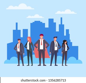 Businessman office worker man character superhero in red cape and his workers team. Successful business concept. Vector flat cartoon graphic design web banner poster page concept