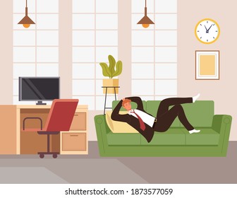 Businessman office worker man character sleeping on sofa during working day. Vector flat cartoon graphic design illustration 