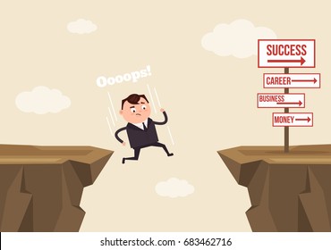 Businessman office worker man character jumps over ravine and fall down. Fail concept. Vector flat cartoon illustration