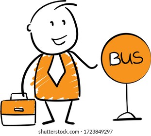Businessman - Office worker manager and bus stop,
Boy hand drawn doodle line art cartoon design character - isolated vector illustration outline of man.

