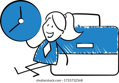 Businessman - Office worker manager with clock and sitting next to briefcase.
Girl hand drawn doodle line art cartoon design character - isolated vector illustration outline of woman.