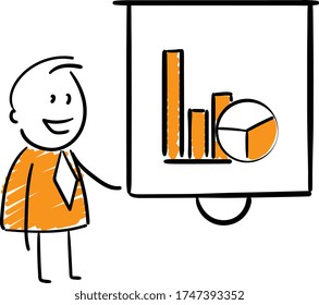 Businessman - Office worker manager doing presentation with bar chart.
Boy hand drawn doodle line art cartoon design character - isolated vector illustration outline of man.