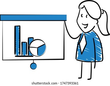 Businessman - Office worker manager doing presentation with bar chart.
Girl hand drawn doodle line art cartoon design character - isolated vector illustration outline of woman.