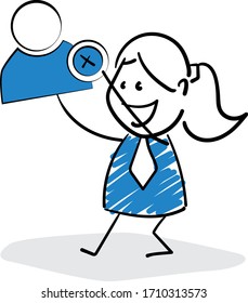 Businessman. Office worker manager girl holding people user concept in stick figure.
.Hand drawn doodle line art cartoon design character - isolated vector illustration outline of woman.
