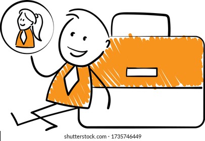 Businessman - Office worker manager with girl power card and sitting next to briefcase.
Boy hand drawn doodle line art cartoon design character - isolated vector illustration outline of man.