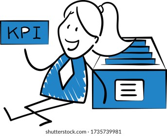 Businessman - Office worker manager holding Kpi and sitting next to briefcase.
Girl hand drawn doodle line art cartoon design character - isolated vector illustration outline of woman.