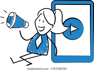 Businessman - Office worker manager holds megaphone and sitting next to smartphone.
Girl hand drawn doodle line art cartoon design character - isolated vector illustration outline of woman.