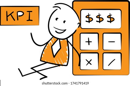 Businessman - Office worker manager holds out kpi mark and sitting next to calculator.
Boy hand drawn doodle line art cartoon design character - isolated vector illustration outline of man.