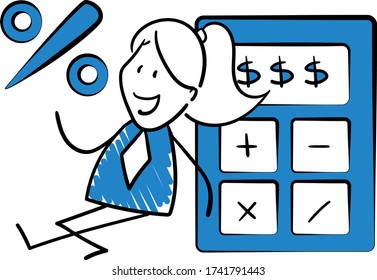 Businessman - Office worker manager holds out  percentage and sitting next to calculator.
Girl hand drawn doodle line art cartoon design character - isolated vector illustration outline of woman.
