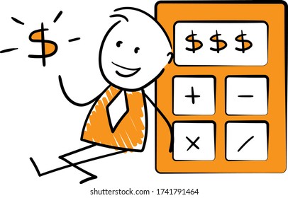 Businessman - Office worker manager holds out  dollar sign and sitting next to calculator.
Boy hand drawn doodle line art cartoon design character - isolated vector illustration outline of man.